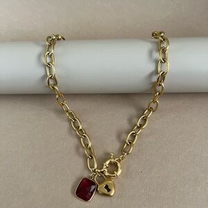 Gold Chain Necklace with Red Natural Stone pendant and Padlock